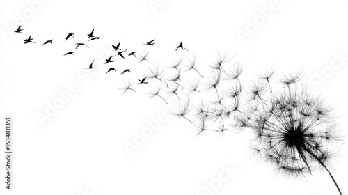Black-and-white dandelion with wispy seeds blowing in the wind, accompanied by silhouettes of flying birds on a clean white background. Nature transition and gentle movement concept.