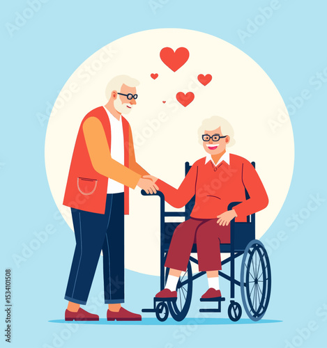 Elderly Couple in Wheelchair Sharing a Heartfelt Moment on a Sunny Day