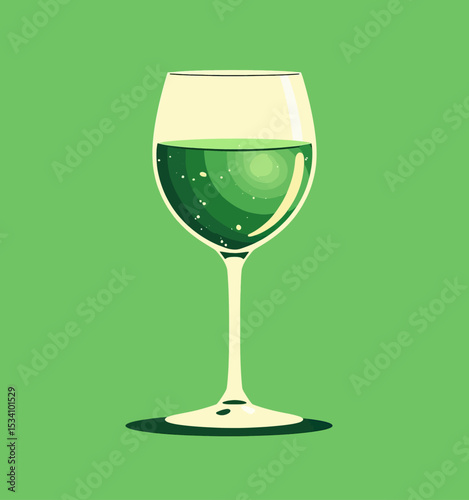 Elegant Wine Glass with Green Wine on Green Background