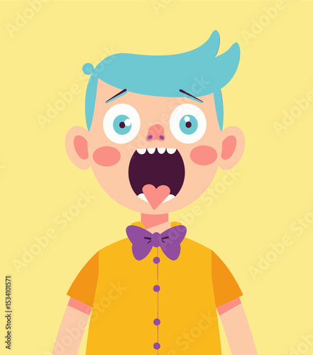 Expressive Cartoon Character in Yellow Outfit with Blue Hair