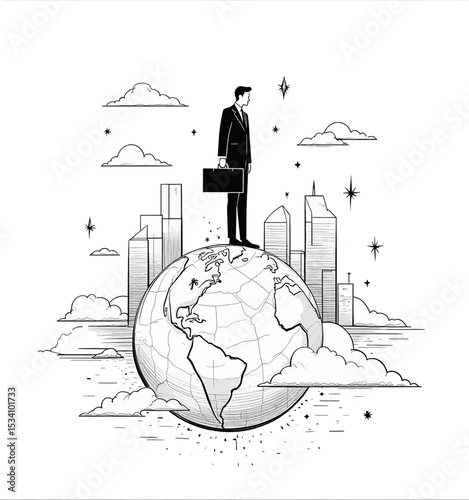Global Businessman Standing on Earth with Skyscrapers, Clouds, and Stars