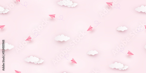 Children sky cloudy background. 3d flying pink paper airplanes, origami toys seamless pattern. Vector cartoon kids planes in air