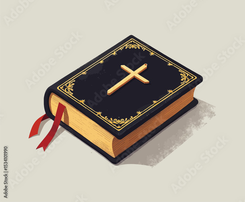 Illustrated Holy Bible with Golden Cross and Red Ribbon
