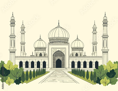 Illustrated Mosque Serenity with Lush Gardens