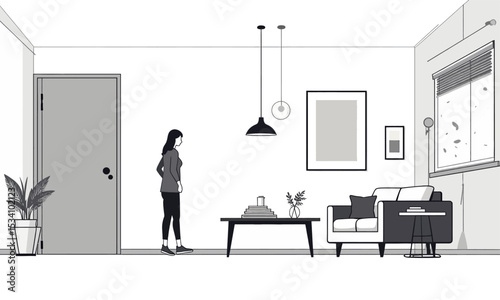 Minimalist Living Room with Woman Admiring Cozy Interior