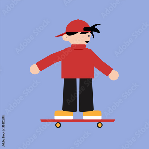 A colorful flat design illustration of a skater boy in a red outfit and cap, riding a skateboard. Geometric and minimal style character in a playful and youthful pose.
