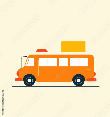 Orange Minibus with Yellow Roof, Traveling Adventure, Bright Day, Minimalist Style