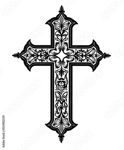 Ornate Gothic Cross with Floral Design in Black and White