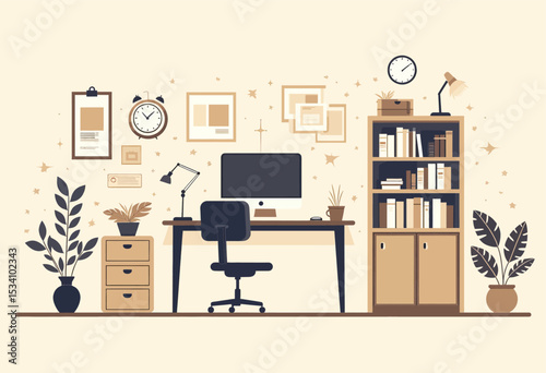 Organized Home Office with Modern Desk and Plants