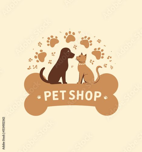 Pet Shop Logo with Dog and Cat on Bone