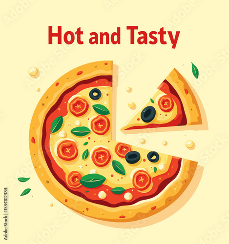 Pepperoni Pizza Slice with Olive and Basil