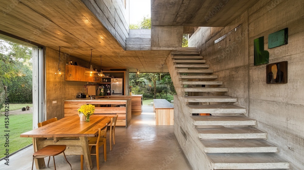 Naklejka premium Modern concrete house interior showcasing an open-plan kitchen, dining area, and a sleek concrete staircase leading to an upper level, with large windows offering a view of a lush green garden