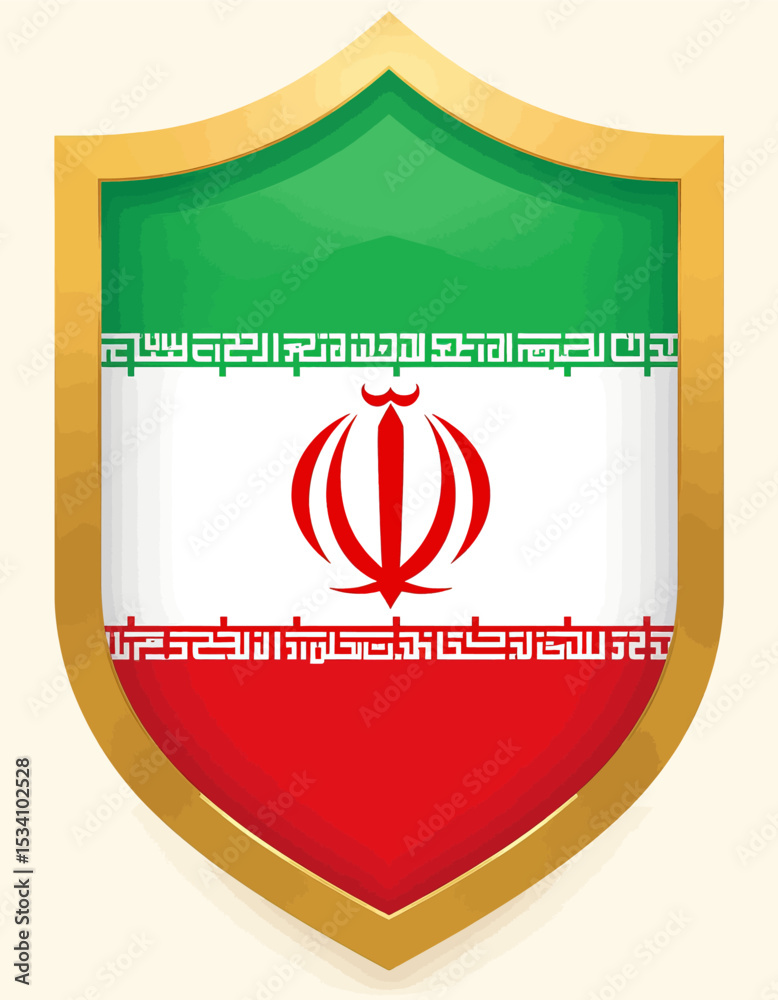 Shield with Iranian Flag and Emblem in Golden Frame