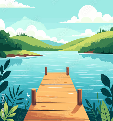 Serene Lakeside Walkway in Verdant Mountains