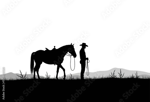 Silhouette Cowboy with Horse in Desert Dusk
