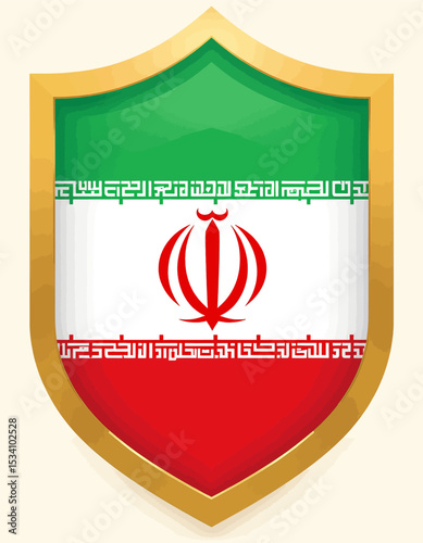 Shield with Iranian Flag and Emblem in Golden Frame