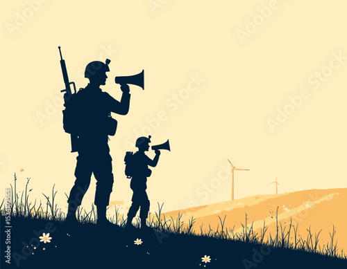 Silhouetted Soldiers in Field at Sunset with Windmills