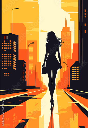 Silhouette Woman Walking City Sunset Vibrant Orange Skyline