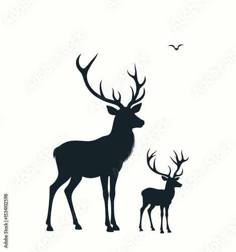 Silhouette of Majestic Stag and Fawn in Winter Forest