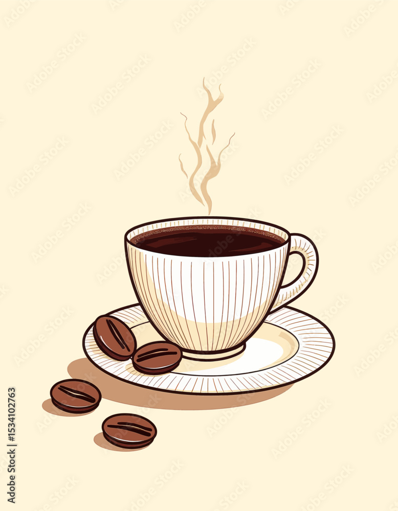 Obraz premium Warm Coffee Cup with Steam and Beans on Vintage Saucer