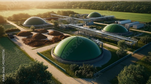 Ultra-realistic depiction of biogas digesters in a rural farming landscape with green pastures, methane domes, compost piles, and pipeline connections for decentralized clean energy production