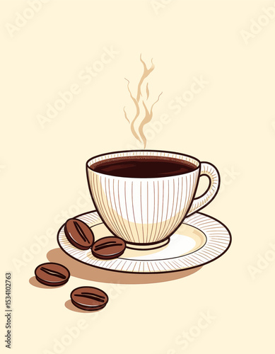 Warm Coffee Cup with Steam and Beans on Vintage Saucer