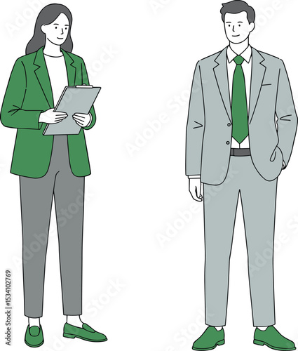 Corporate professionals standing, woman with clipboard, man in suit and tie, formal office attire, modern workplace team, business illustration vector flat vector illustration