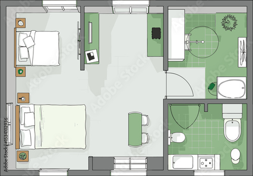 Top view apartment floor plan, two bedroom layout, modern interior design, minimalist furniture arrangement, compact space planning, vector architectural illustration flat vector illustration