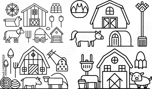  Farm Icons with Animals, Buildings, Tools, and Equipment