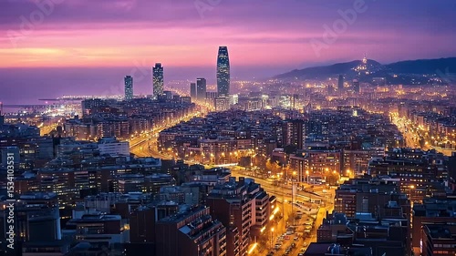 Aerial View Of Barcelona City Buildings at Sunset with Illuminated Streets and Purple Sky