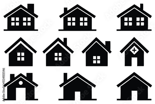 Collection of black and white house icons illustrating home building and real estate concepts