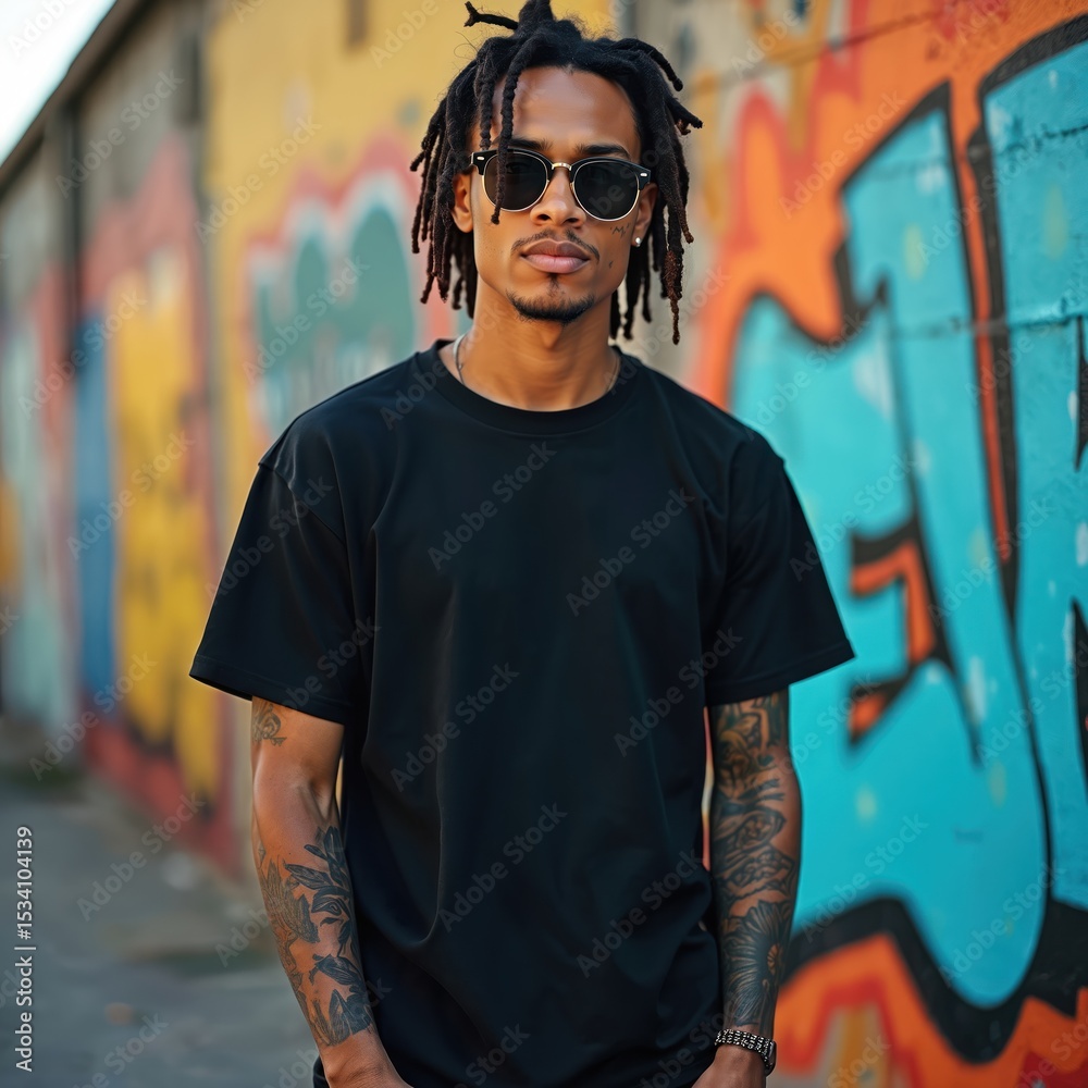 Fototapeta premium Young man with dreadlocks in sunglasses stands against graffiti art. Tattooed arms, blank black t-shirt mock up. Urban street style, casual wear, youth culture. Front view, model poses outdoors in