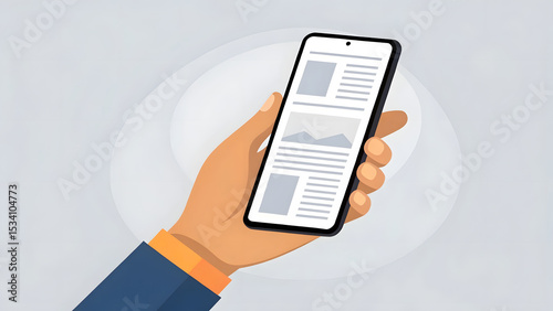 hand engaging with a smartphone vector, with a tiny news headline, simple light gray background, wide layout, commercial use