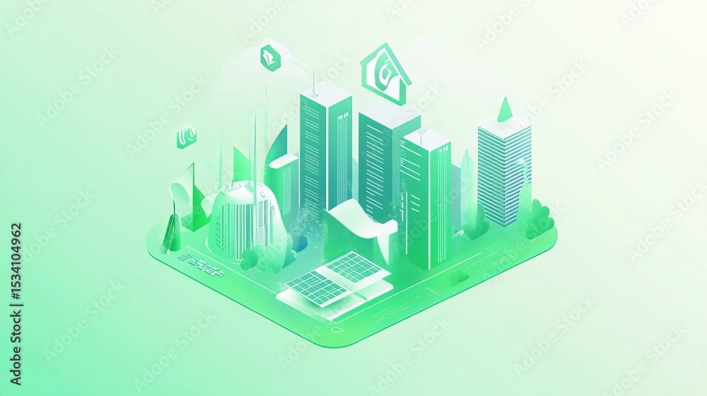 Fototapeta premium Isometric illustration of a green smart city with eco-friendly buildings, solar panels, and smart home technology