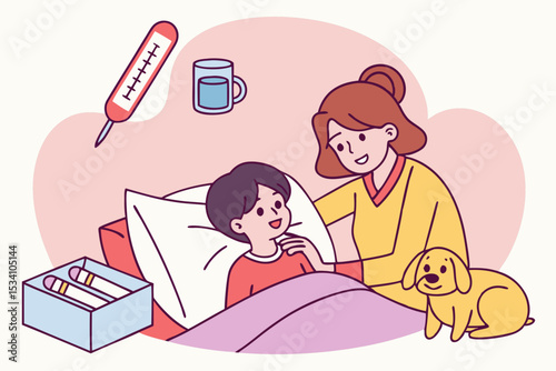 Mother comforting sick child in bed with dog, thermometer and tissues