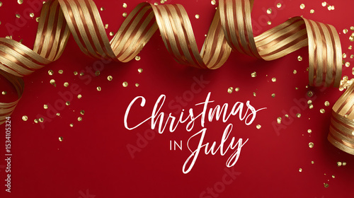 Christmas in July Ribbon on Red Background with Gold Confetti