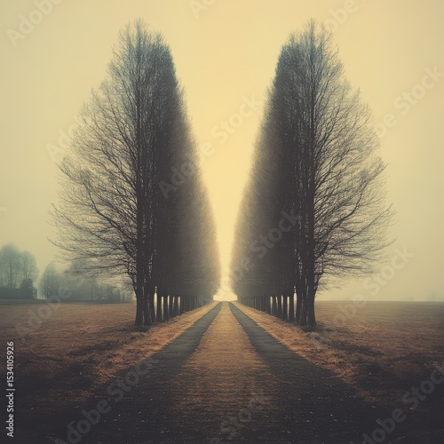 A symmetrical row of trees lining a straight path leading to an open area