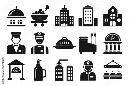 Black icon set representing hospitality services buildings and related professions