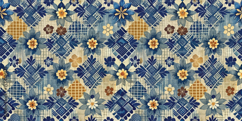 Vibrant floral pattern with blue and beige hues, perfect for fabric design.