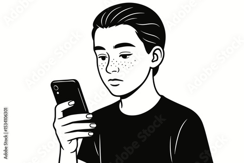 Boy looking down at phone with blank face illustrating emotional disconnection and mental health concern