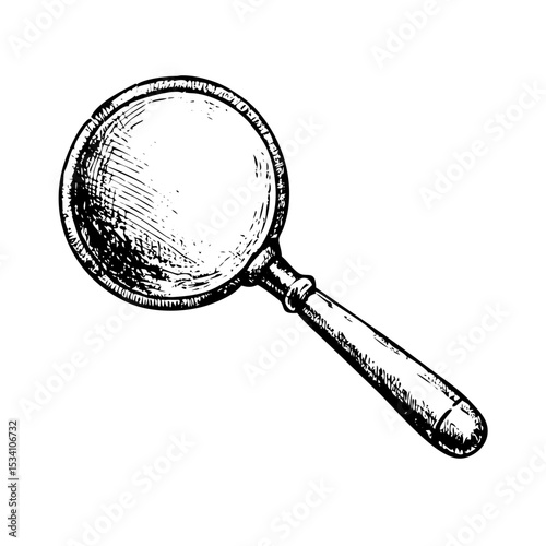 Vintage academic magnifying glass illustration in stippled black ink engraving style