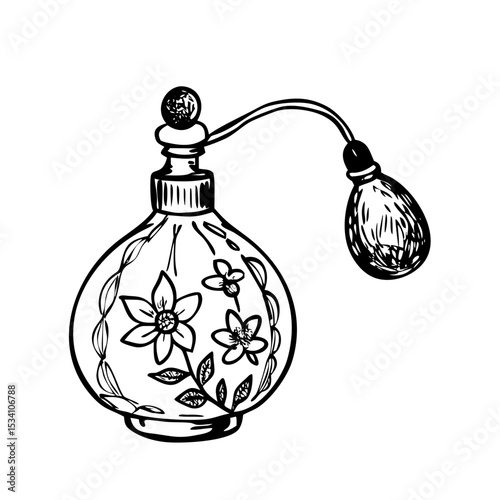 Elegant vintage perfume bottle sketch with bulb atomizer and engraved floral glass