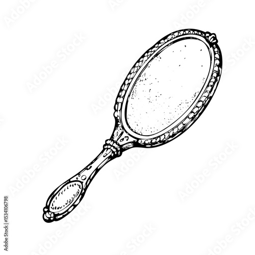 Hand-drawn vintage handheld mirror with engraved frame and ornate handle