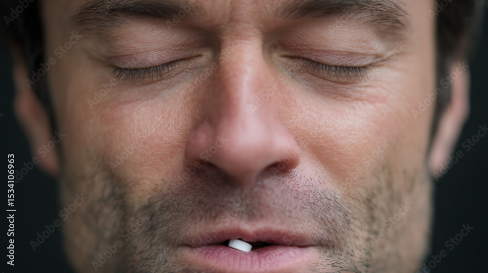Obraz premium Man with closed eyes taking pill tablet.