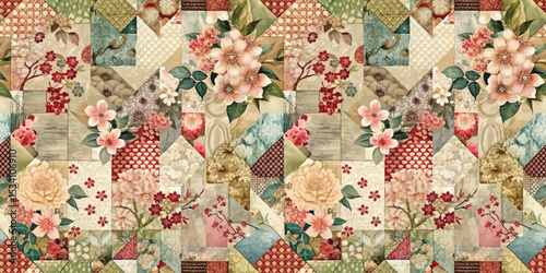 A vibrant patchwork of floral patterns in soft hues and textures.