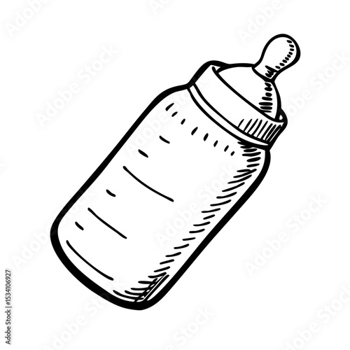 Retro sketch of classic baby bottle with stippled ink texture.