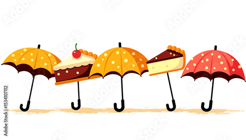 Dessert cakes and umbrellas, flat design sweets concept for bakery blogs