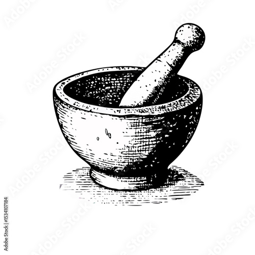Vintage mortar and pestle sketch with stipple ink style and retro wellness theme