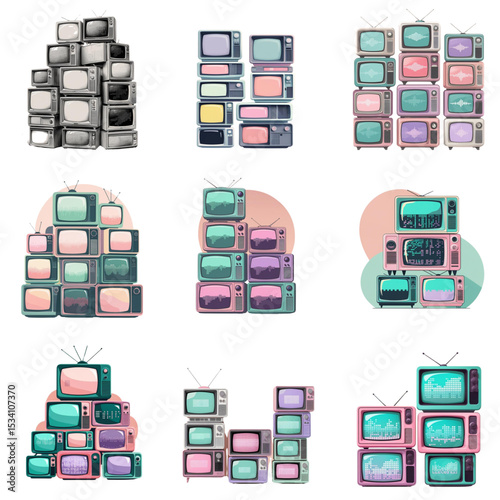 Vintage television sets stacked in colorful retro style media display old tv technology and design