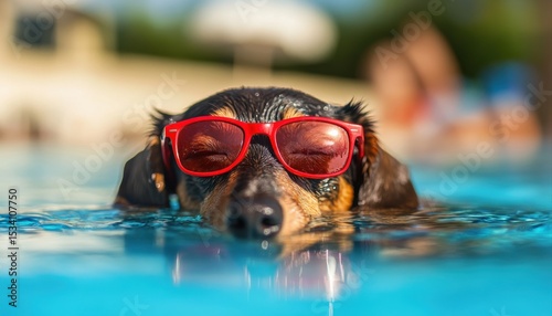 A dachshund in red glasses relaxing by the pool